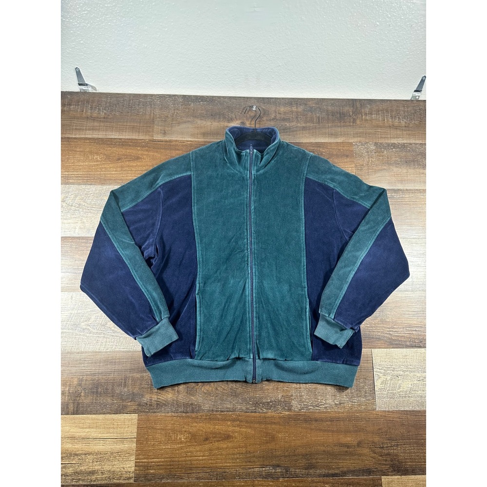 Vintage Neiman Marcus Velour Track Jacket XL Green Navy Colorblock Made in USA
